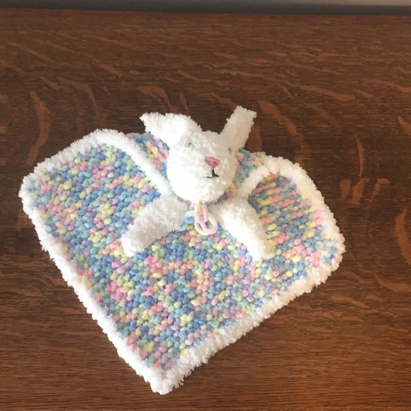 Handmade Knitted Multicolour Bunny Lovey Blanket - Picture 1 of 5